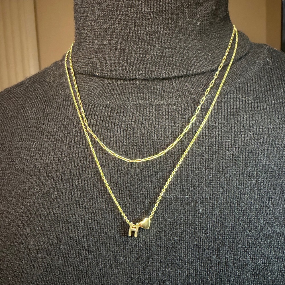 Gold Tone Initial H Heart Layered Necklace Paperclip Chain Adjustable 18.5 Inch